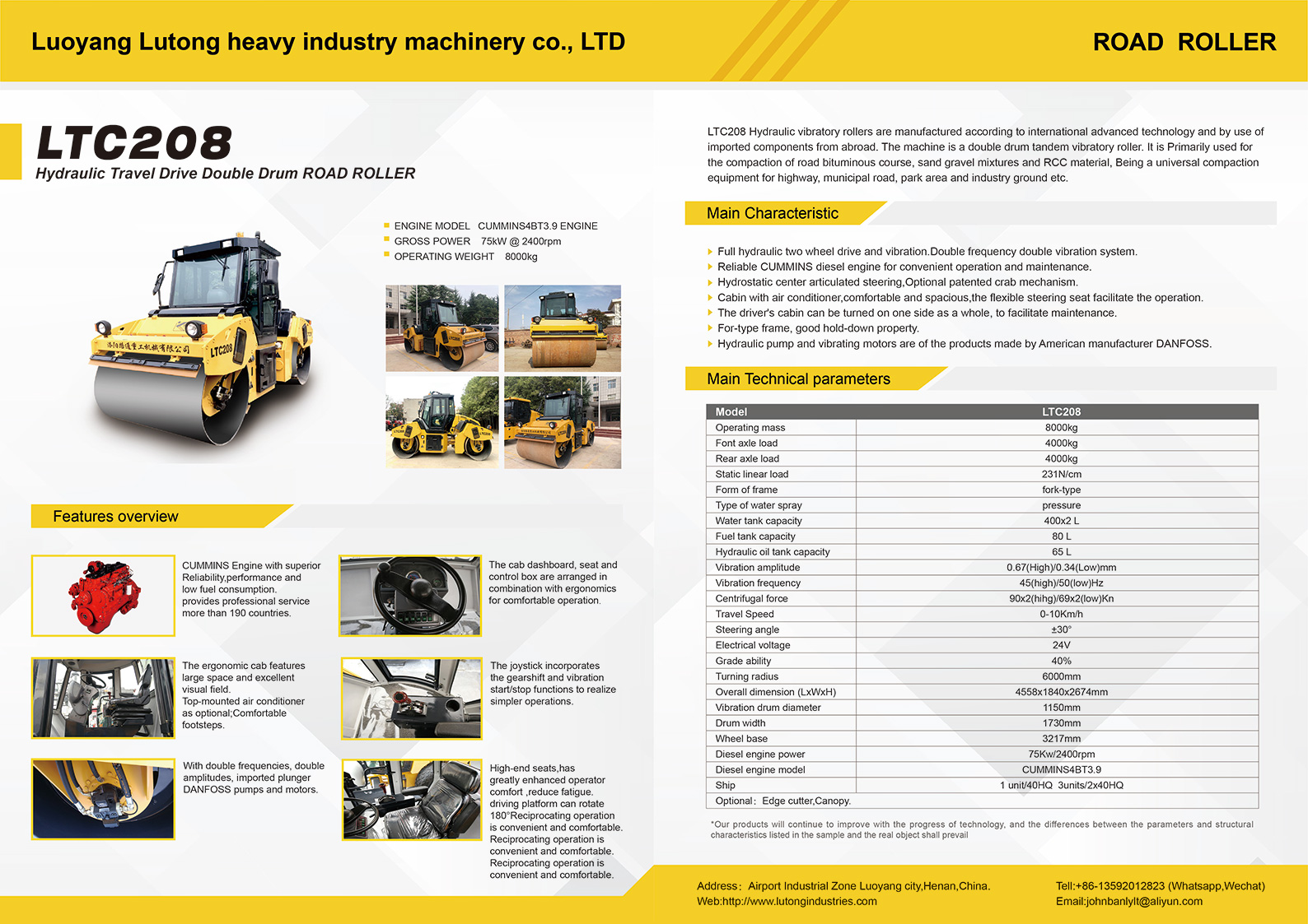 Luoyang Lutong LTC208 double drum road roller (China): model, parameters, images, price, parts