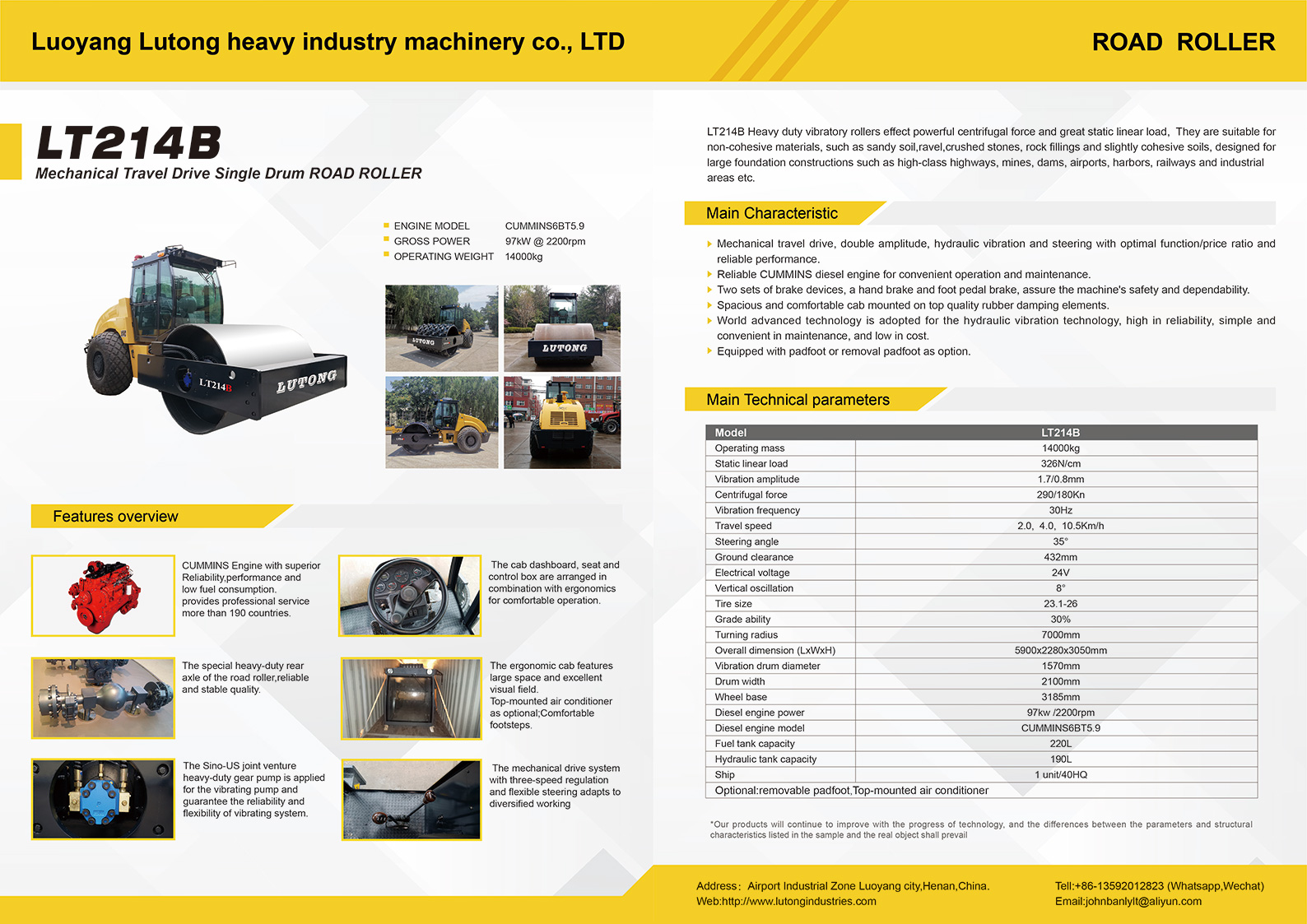 Luoyang Lutong Heavy Industry LT214B 14-ton single drum road roller: parameters, specifications, int